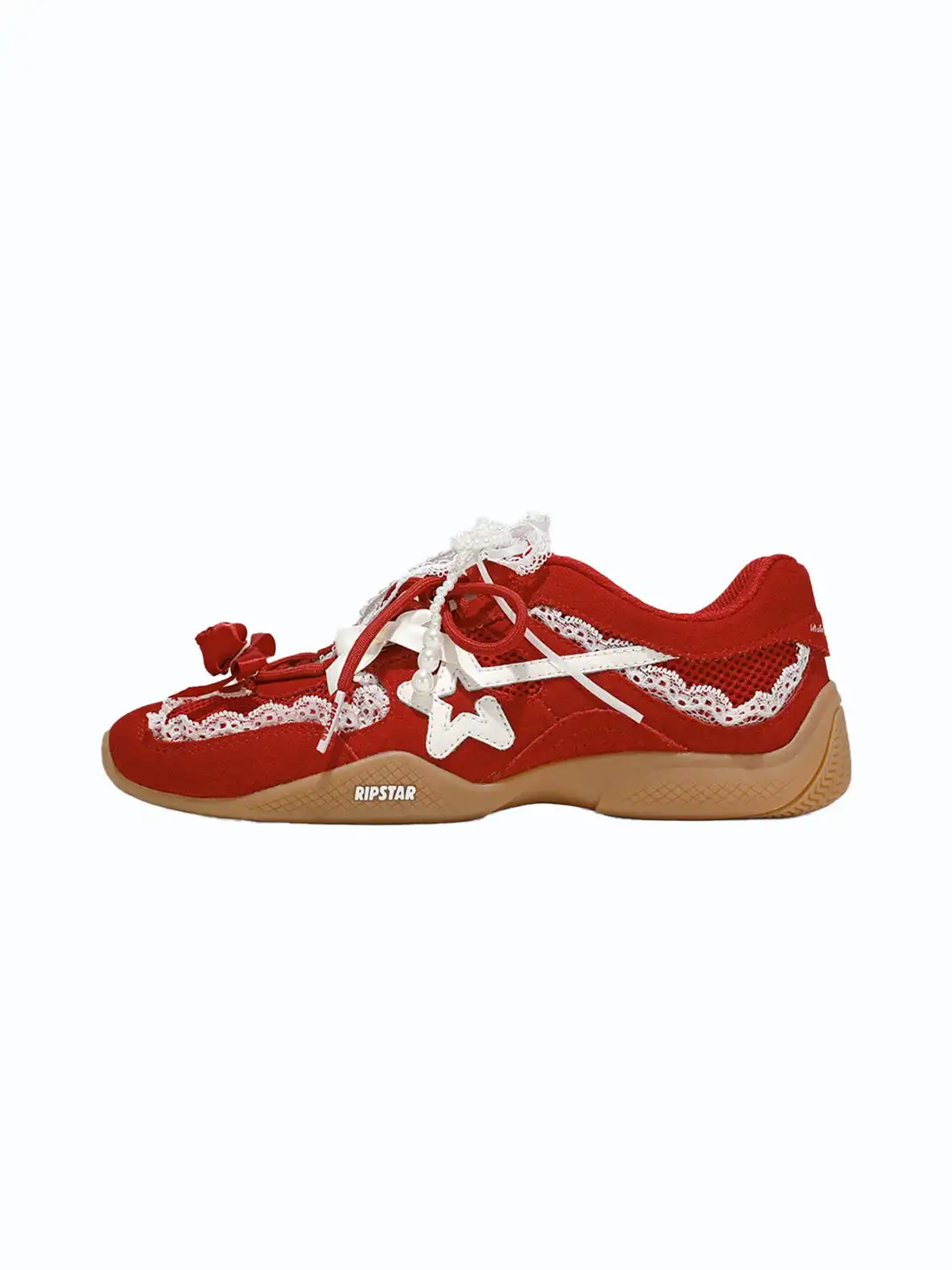 RIPSTAR | Balletcore Red Lace Pearl Bow Training Shoes