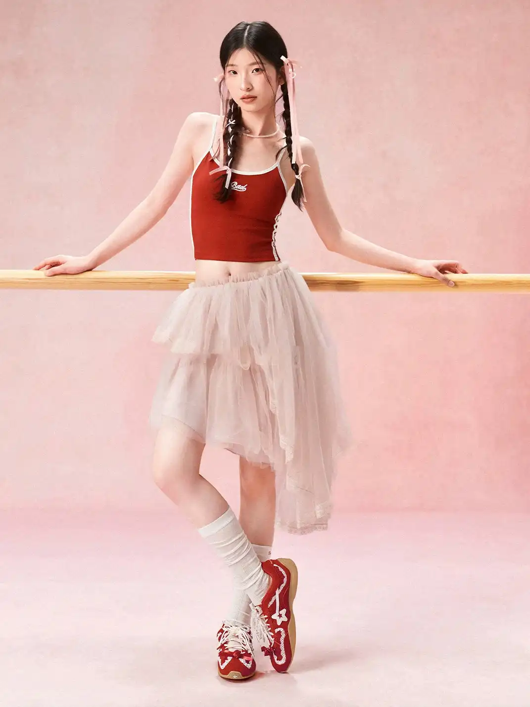 RIPSTAR | Balletcore Red Lace Pearl Bow Training Shoes