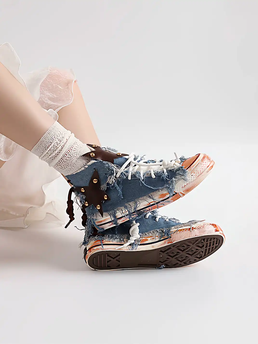 DAYMARE | Denim Star Patchwork Lace-Up High-Top Canvas Shoes