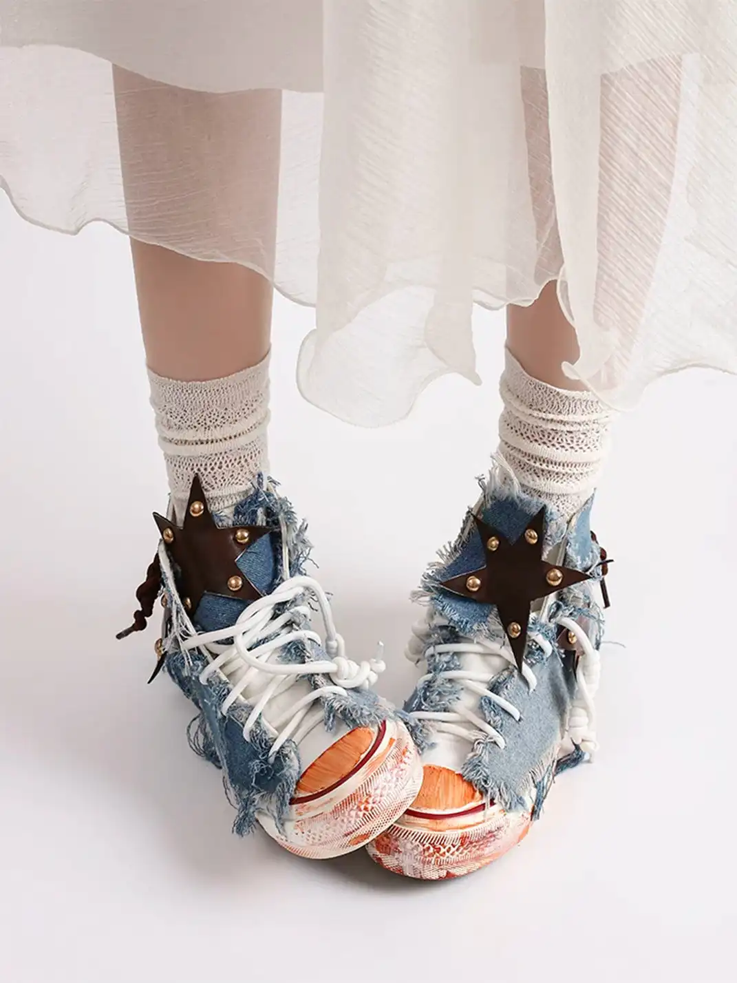 DAYMARE | Denim Star Patchwork Lace-Up High-Top Canvas Shoes