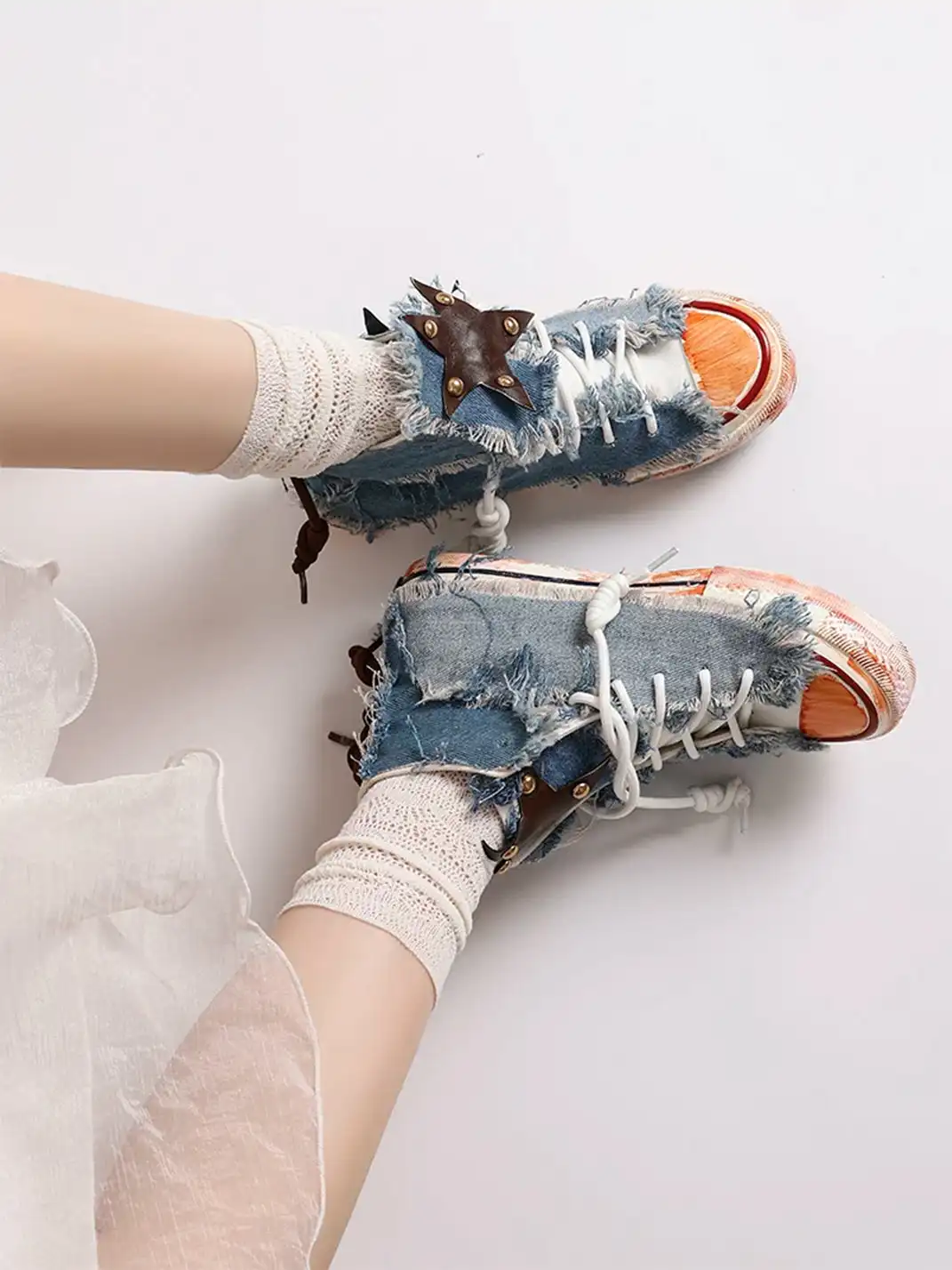 DAYMARE | Denim Star Patchwork Lace-Up High-Top Canvas Shoes
