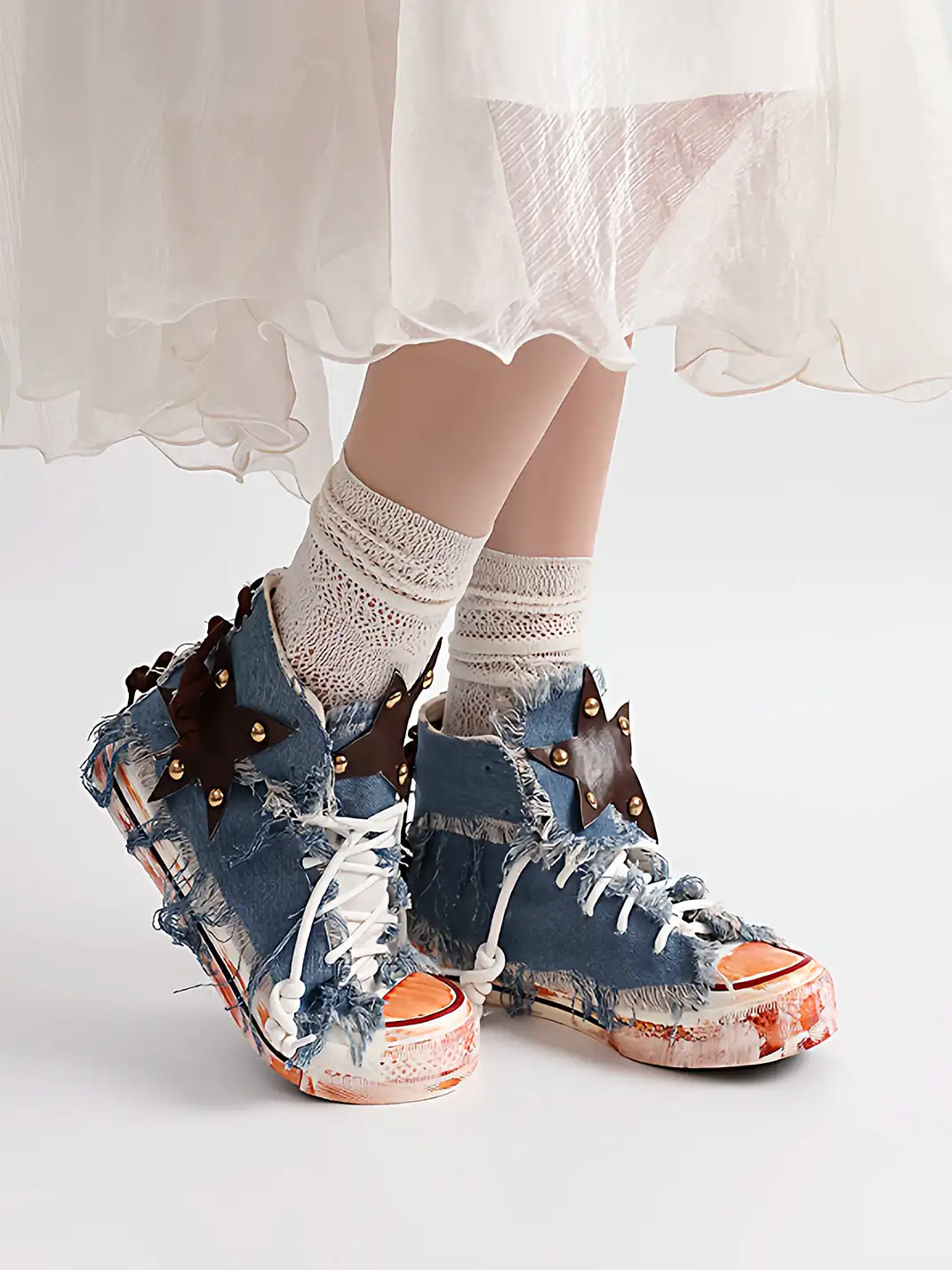 DAYMARE | Denim Star Patchwork Lace-Up High-Top Canvas Shoes