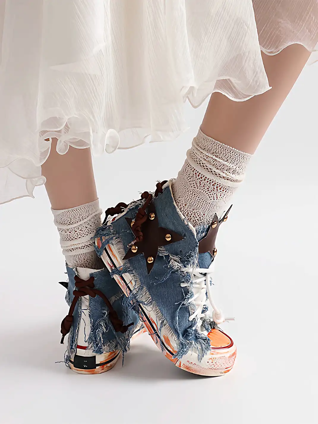 DAYMARE | Denim Star Patchwork Lace-Up High-Top Canvas Shoes