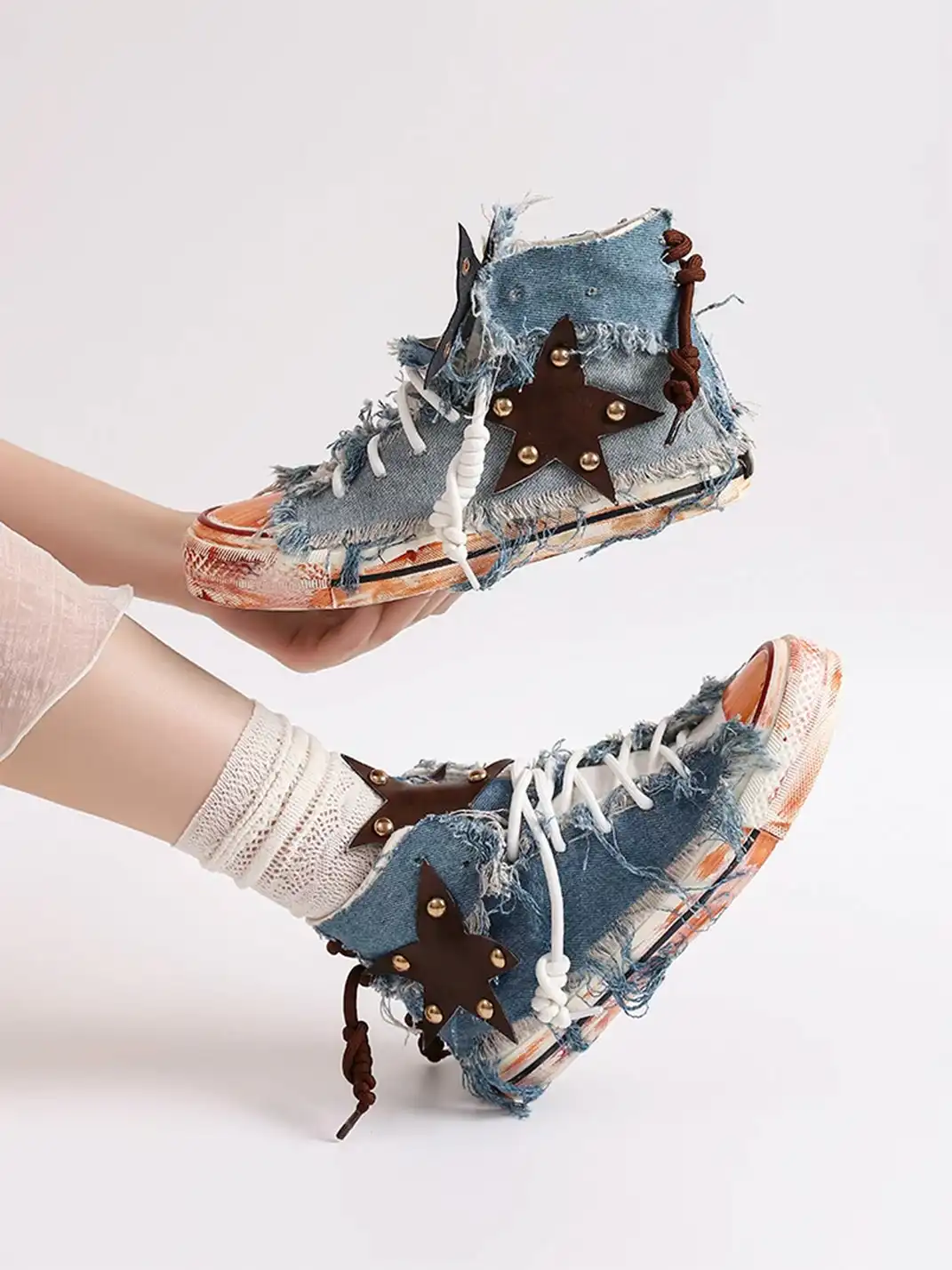 DAYMARE | Denim Star Patchwork Lace-Up High-Top Canvas Shoes