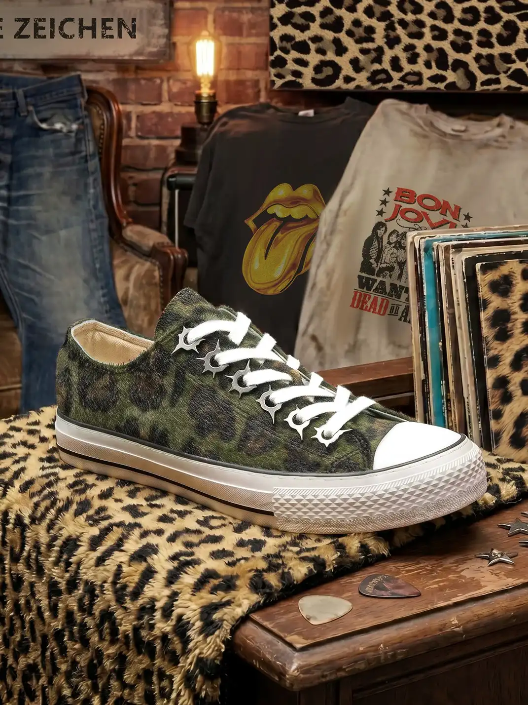 NO LOGO | Full Leopard Print Faux Horsehair Bullet Hole Skate Shoes