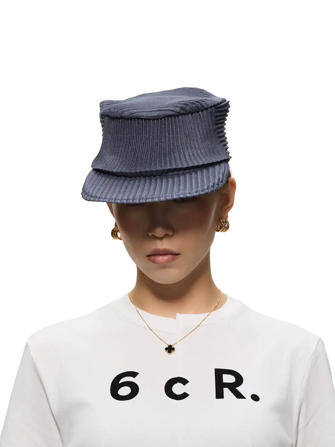 6CRAYON | Pleated Flat Brim Baseball Cap-Blue