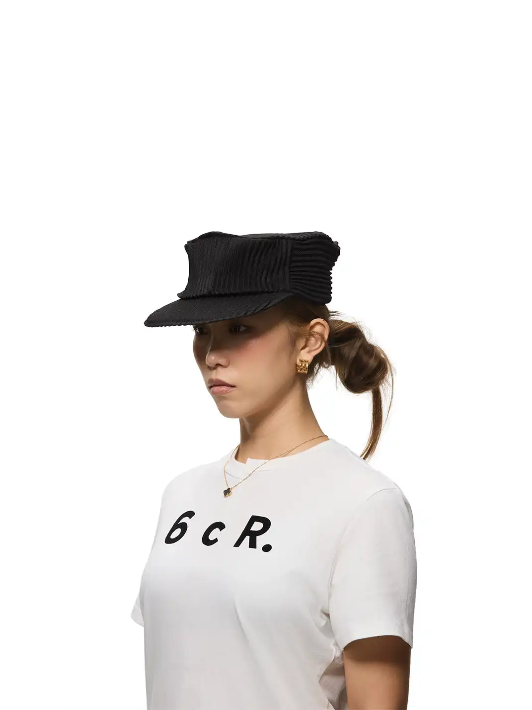 6CRAYON | Pleated Flat Brim Baseball Cap-Black