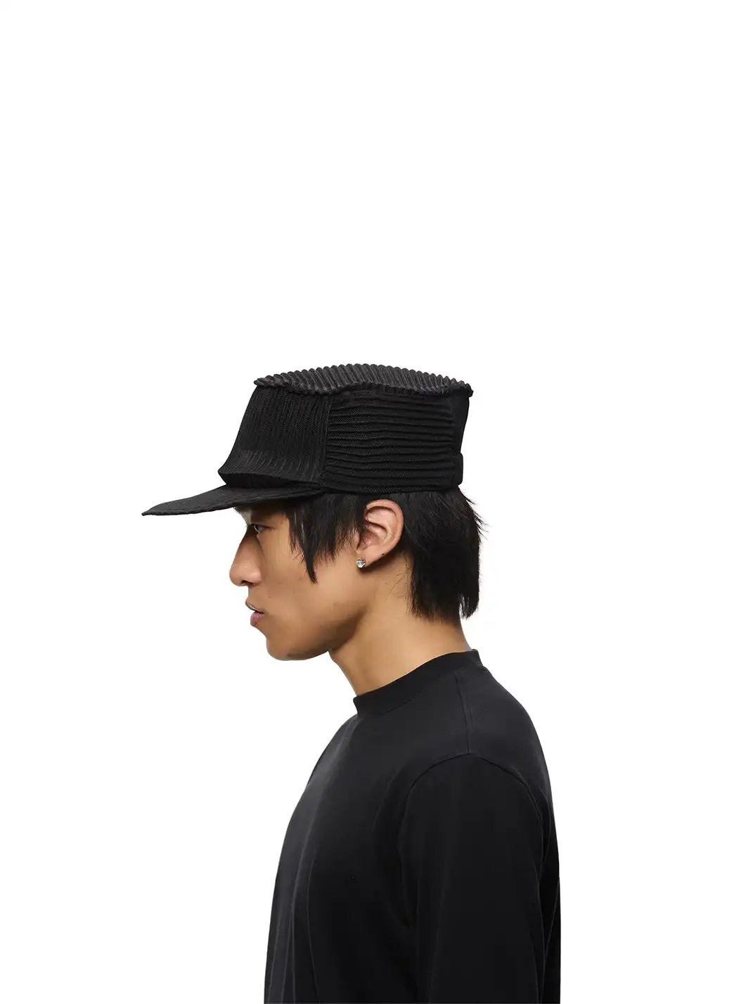 6CRAYON | Pleated Flat Brim Baseball Cap-Black