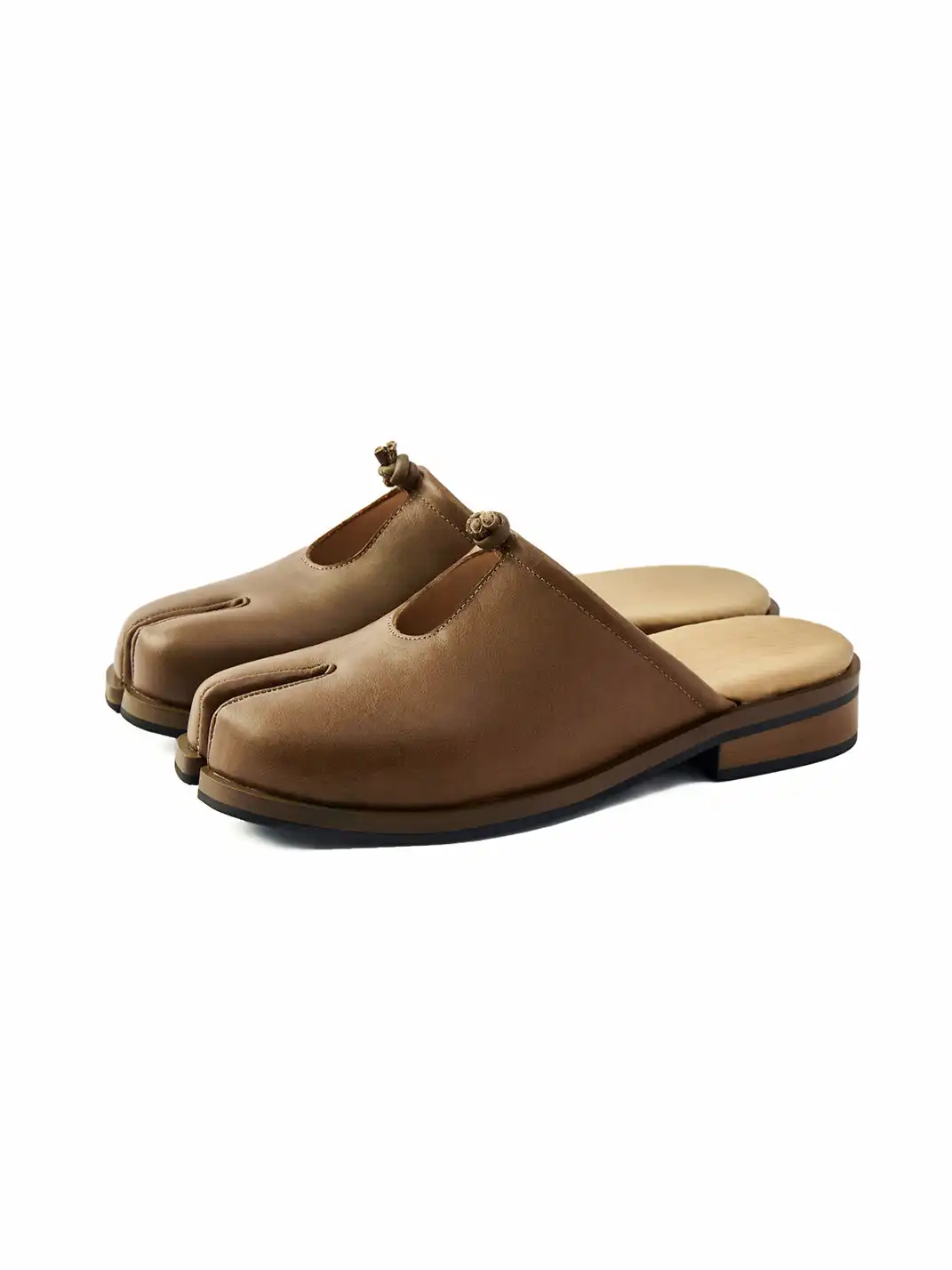 6CRAYON | Split Toe Full Cow Leather Hollow Out Mules-Brown