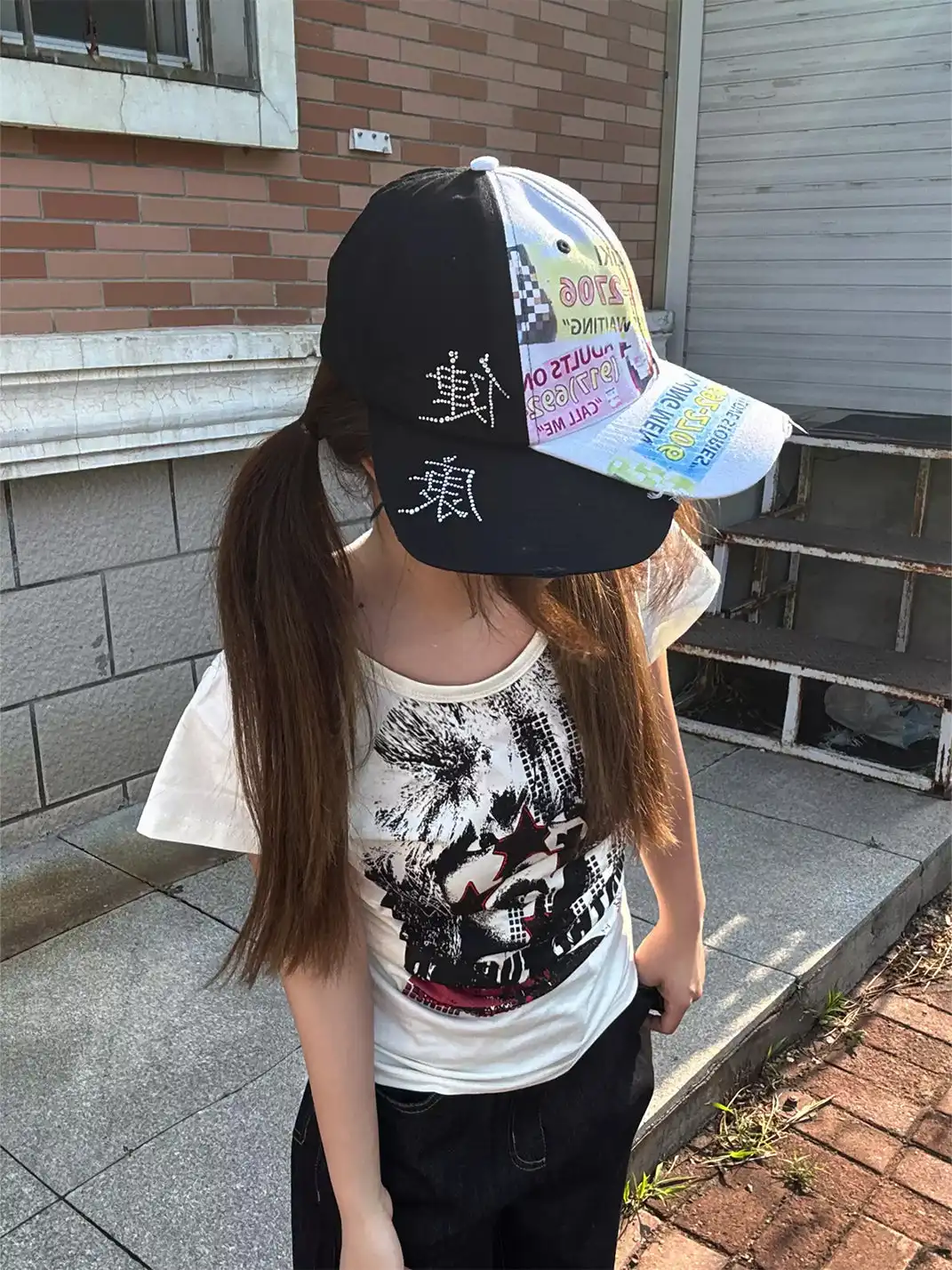 PAIKI | Double-Brim Patchwork Rhinestone Baseball Cap