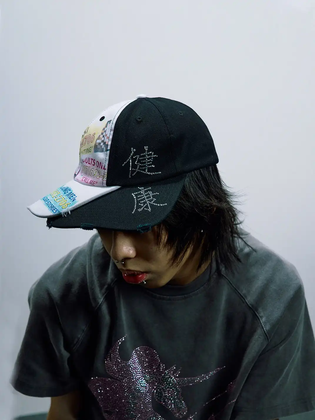 PAIKI | Double-Brim Patchwork Rhinestone Baseball Cap