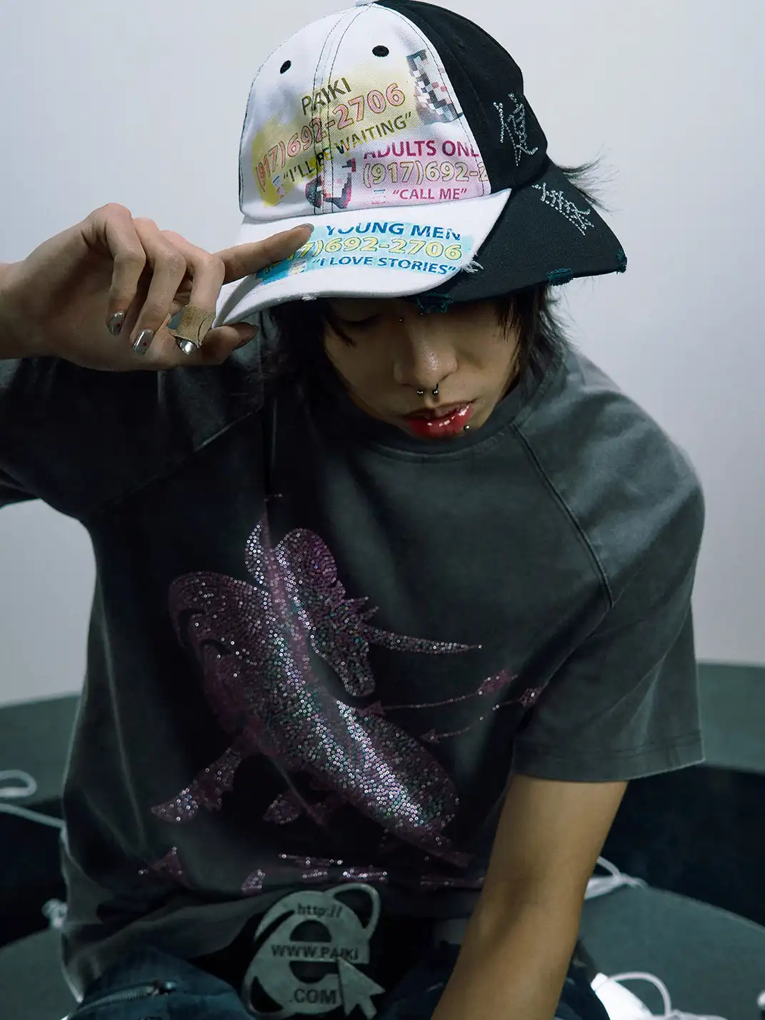 PAIKI | Double-Brim Patchwork Rhinestone Baseball Cap