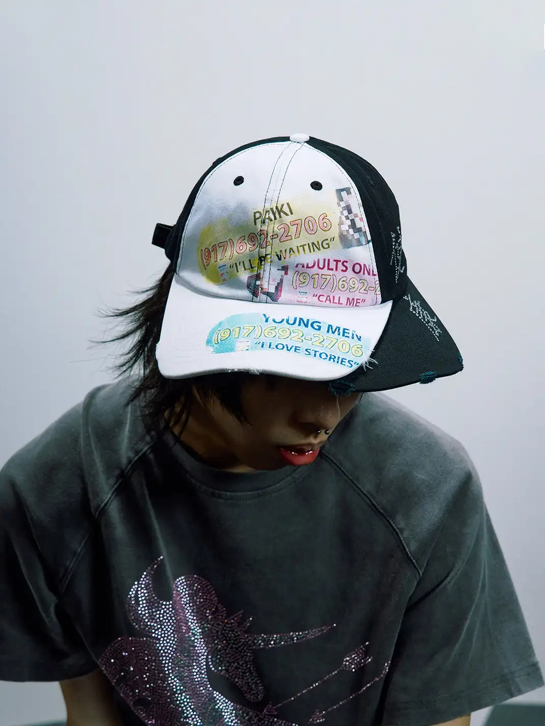 PAIKI | Double-Brim Patchwork Rhinestone Baseball Cap