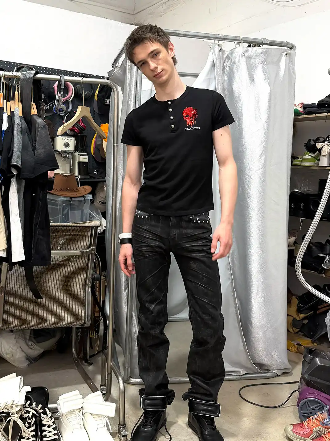 DETW | Henry Collar T-Shirt With Skull Rhinestone Embroidery Print
