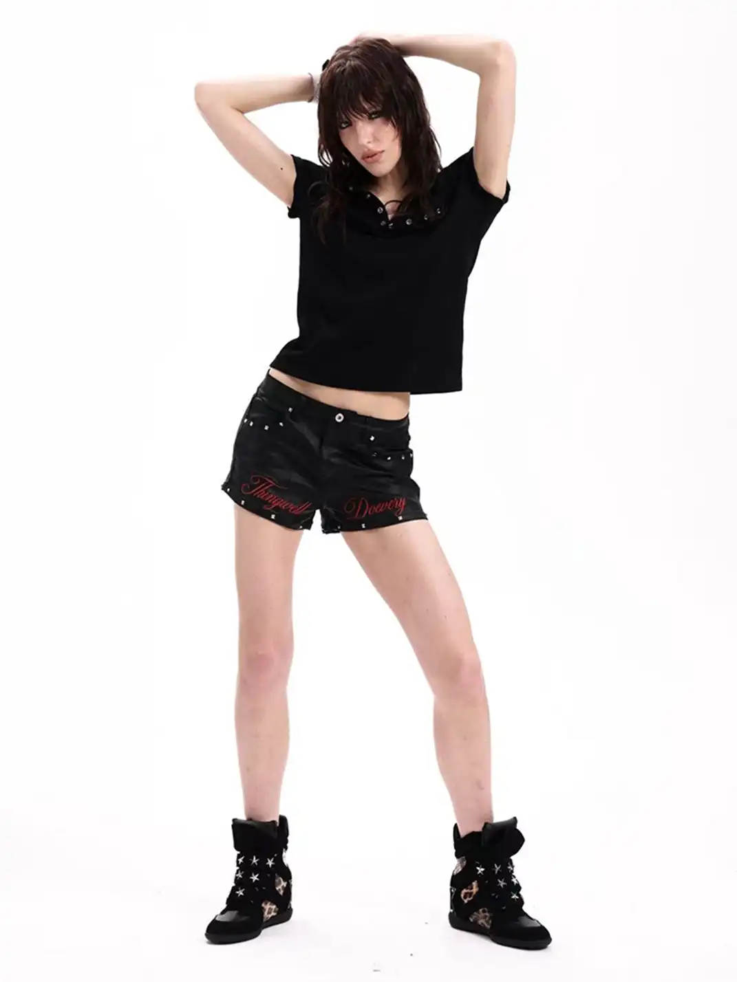 DETW | Henry Collar T-Shirt With Skull Rhinestone Embroidery Print