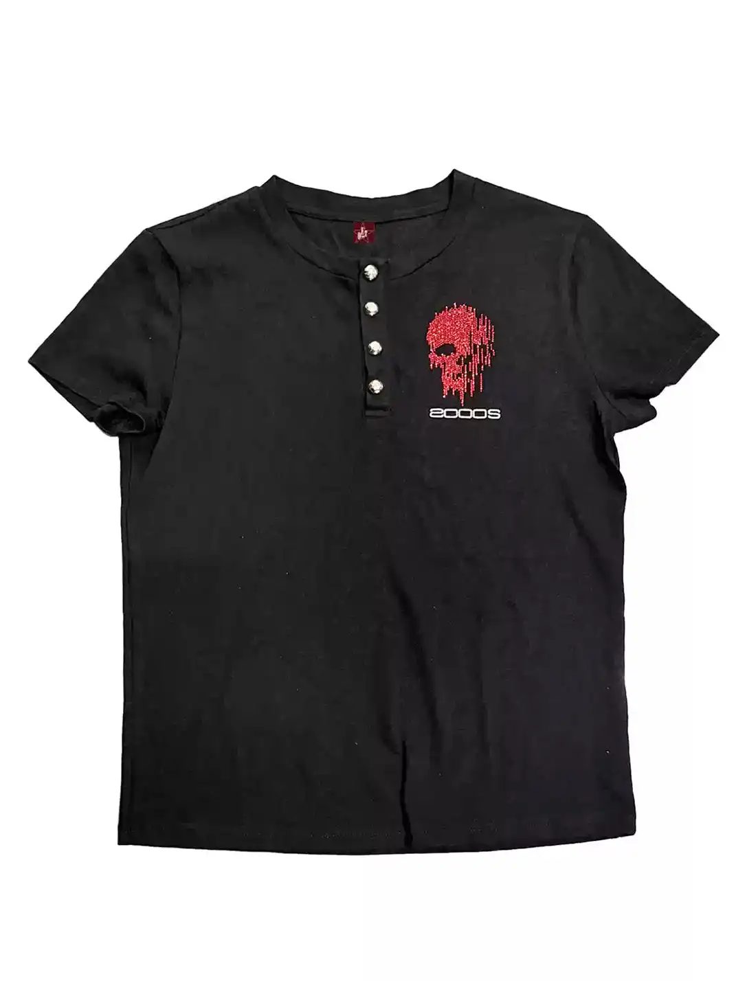 DETW | Henry Collar T-Shirt With Skull Rhinestone Embroidery Print