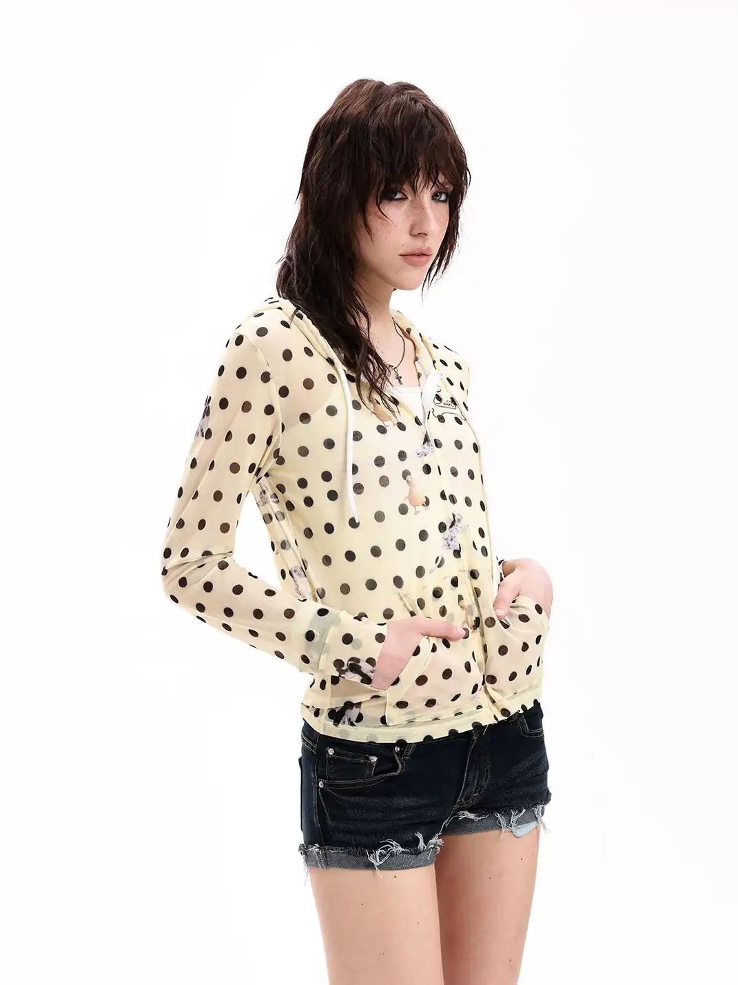 DETW | Polka Dot Mesh Hooded Zip-Up Jacket