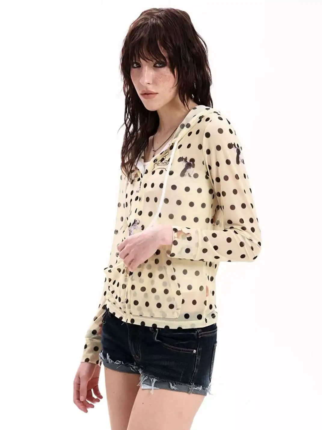 DETW | Polka Dot Mesh Hooded Zip-Up Jacket