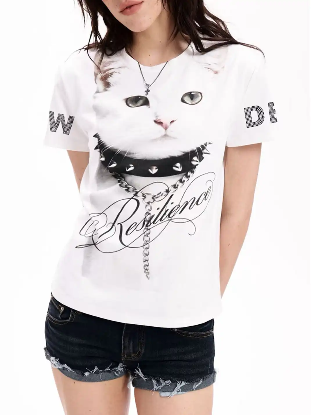 DETW | Cat Print Rhinestone Sleeve T-Shirt