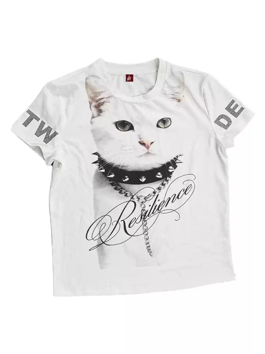 DETW | Cat Print Rhinestone Sleeve T-Shirt
