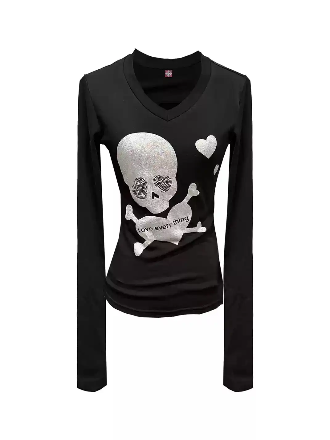 DETW | Skull Rhinestone V-Neck Long Sleeve T-Shirt
