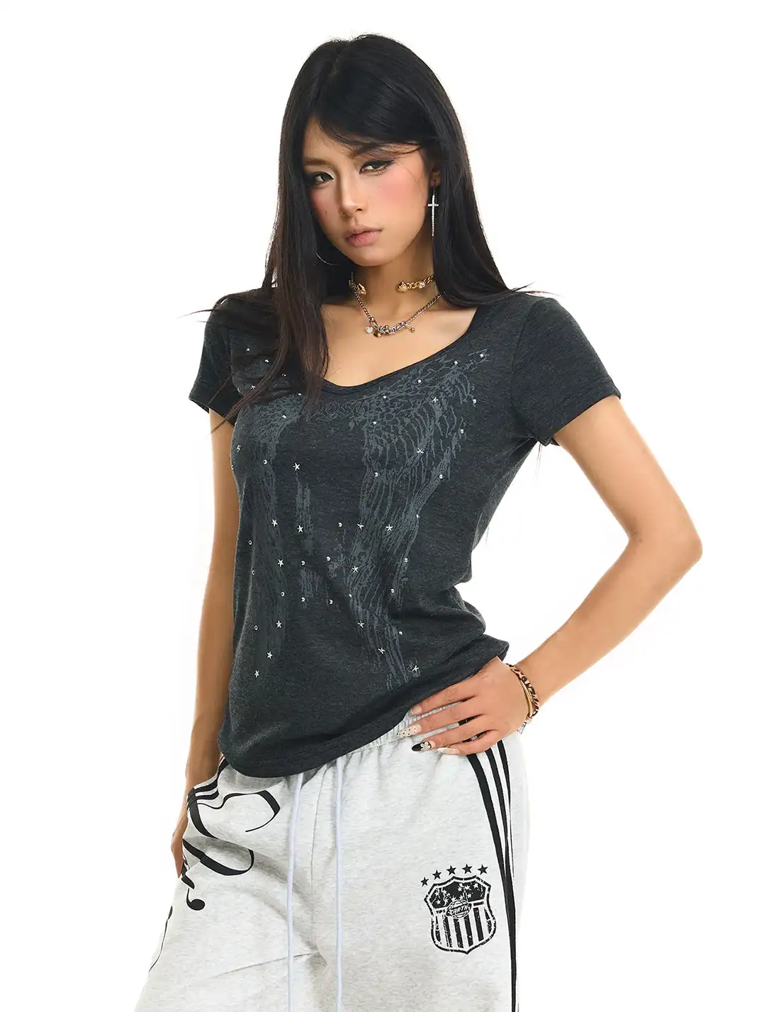 JHYWZD | V-Neck Rhinestone T-Shirt