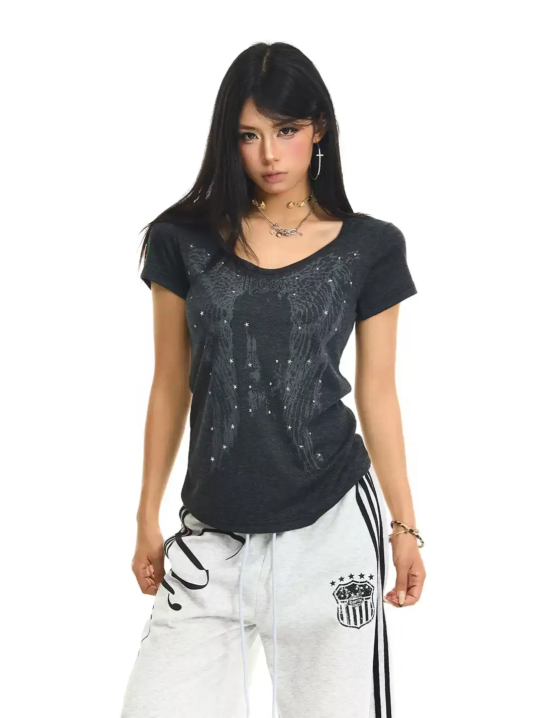 JHYWZD | V-Neck Rhinestone T-Shirt
