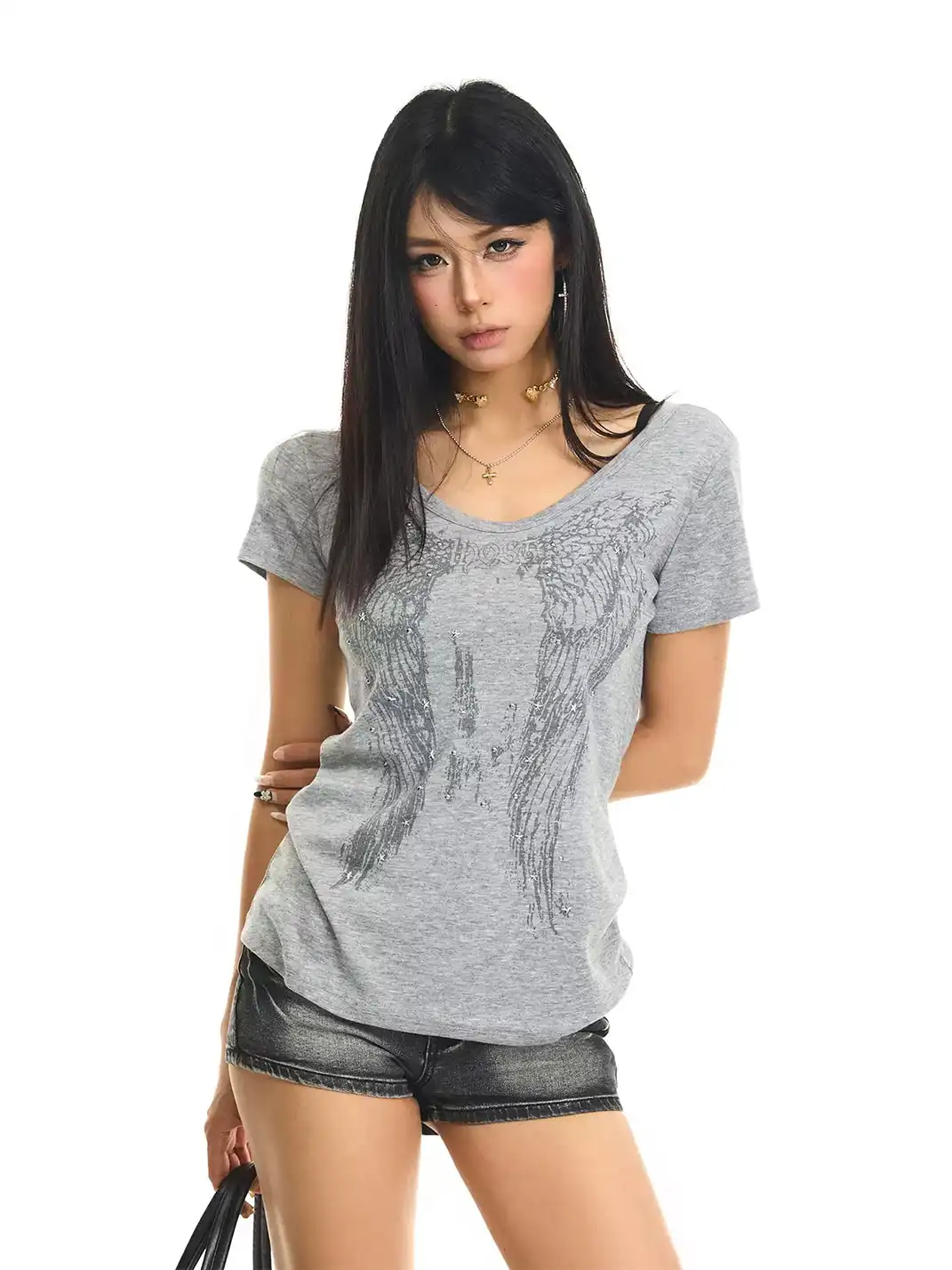 JHYWZD | V-Neck Rhinestone T-Shirt