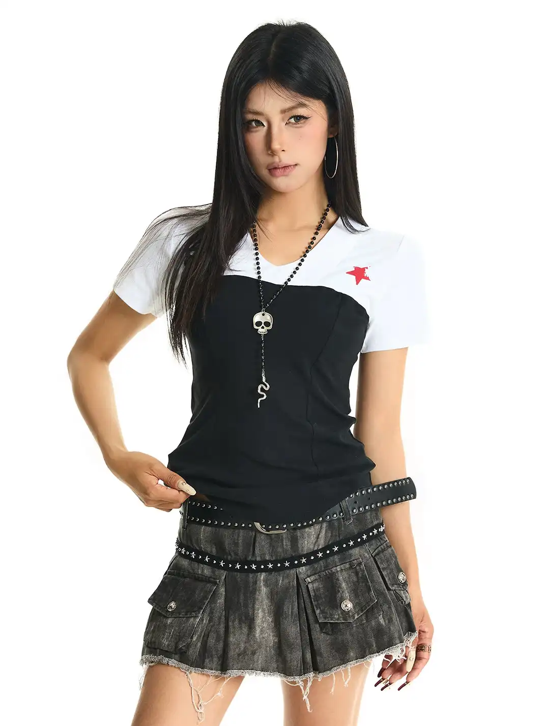 JHYWZD | Color Block V-Neck Waist Cinched T-Shirt