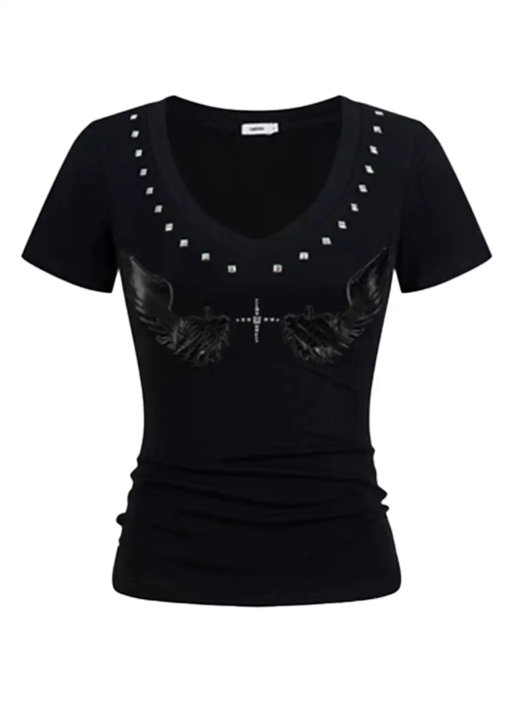JHYWZD | V-Neck T-Shirt With Rivet Wing Print