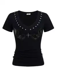 JHYWZD | V-Neck T-Shirt With Rivet Wing Print