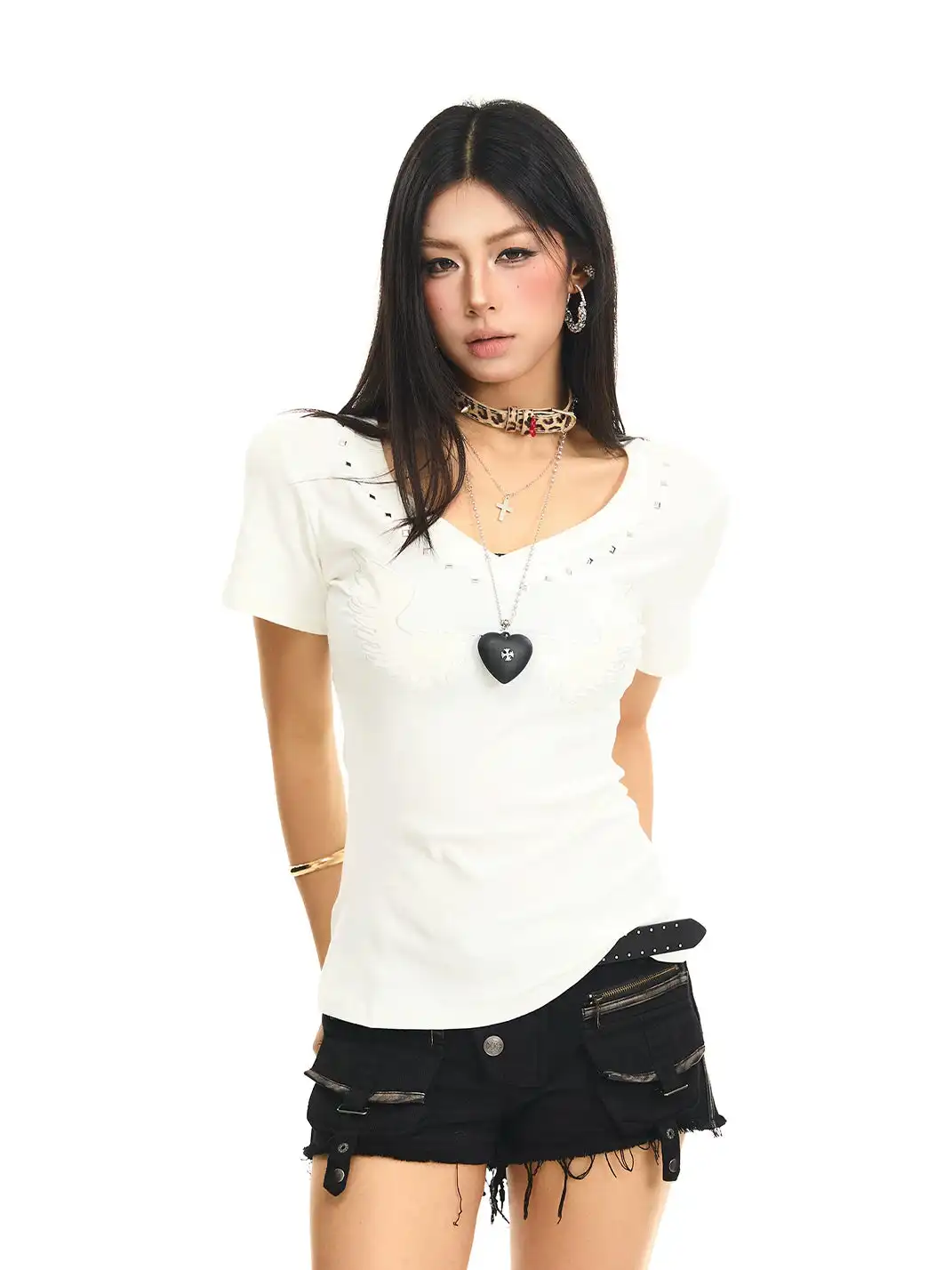 JHYWZD | V-Neck T-Shirt With Rivet Wing Print