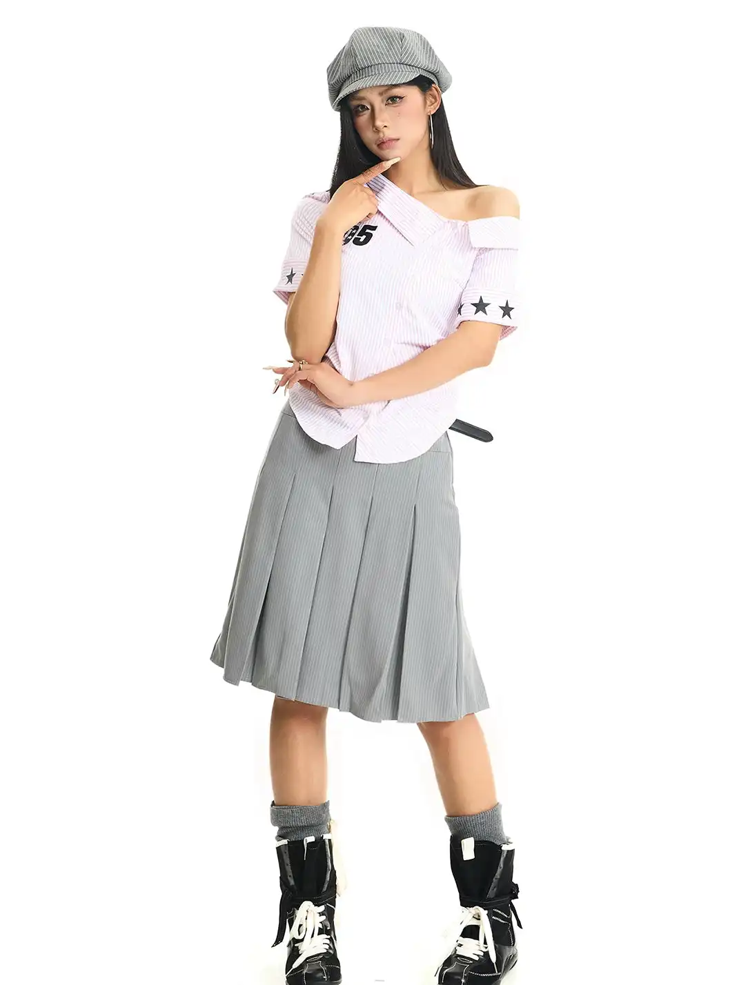 JHYWZD | Asymmetrical Neck Off-Shoulder Striped Short Sleeve Shirt