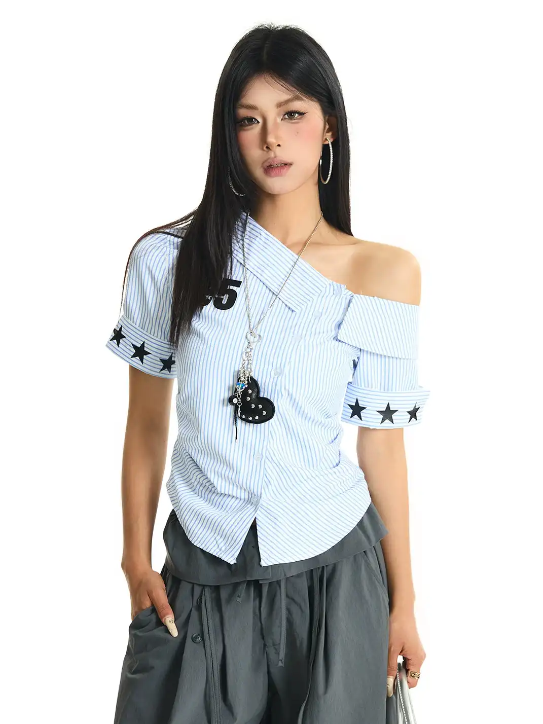 JHYWZD | Asymmetrical Neck Off-Shoulder Striped Short Sleeve Shirt