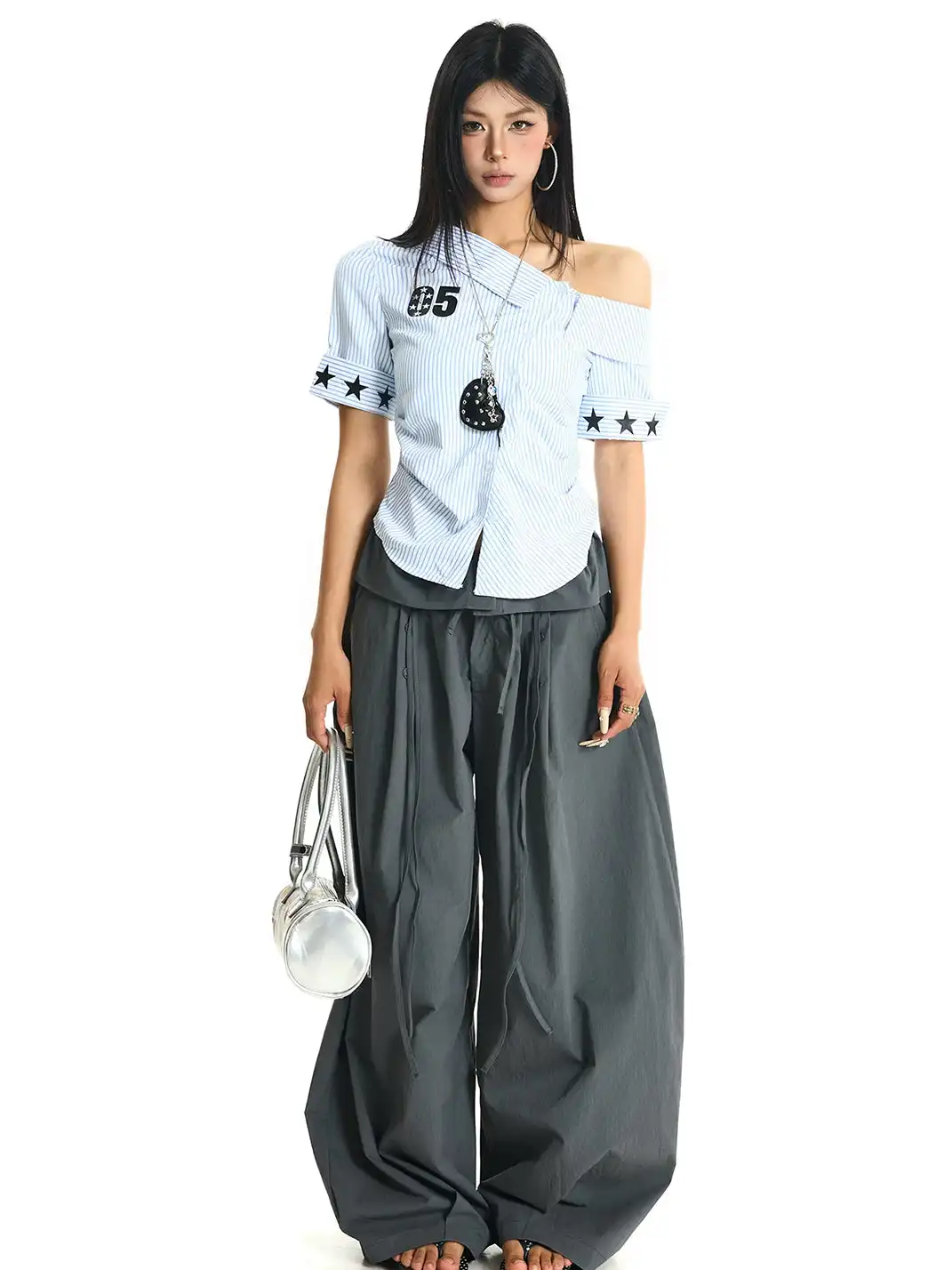 JHYWZD | Asymmetrical Neck Off-Shoulder Striped Short Sleeve Shirt