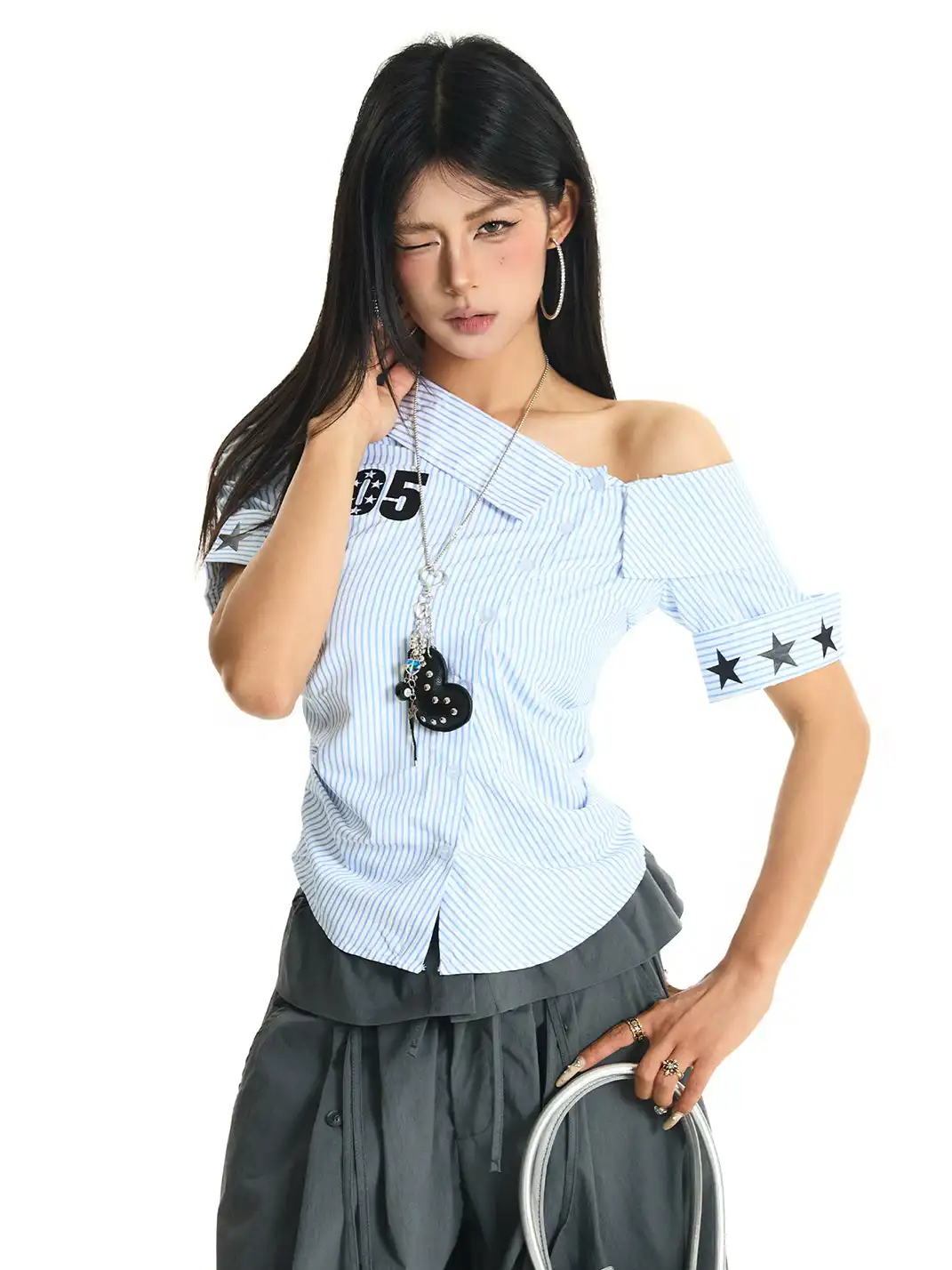 JHYWZD | Asymmetrical Neck Off-Shoulder Striped Short Sleeve Shirt
