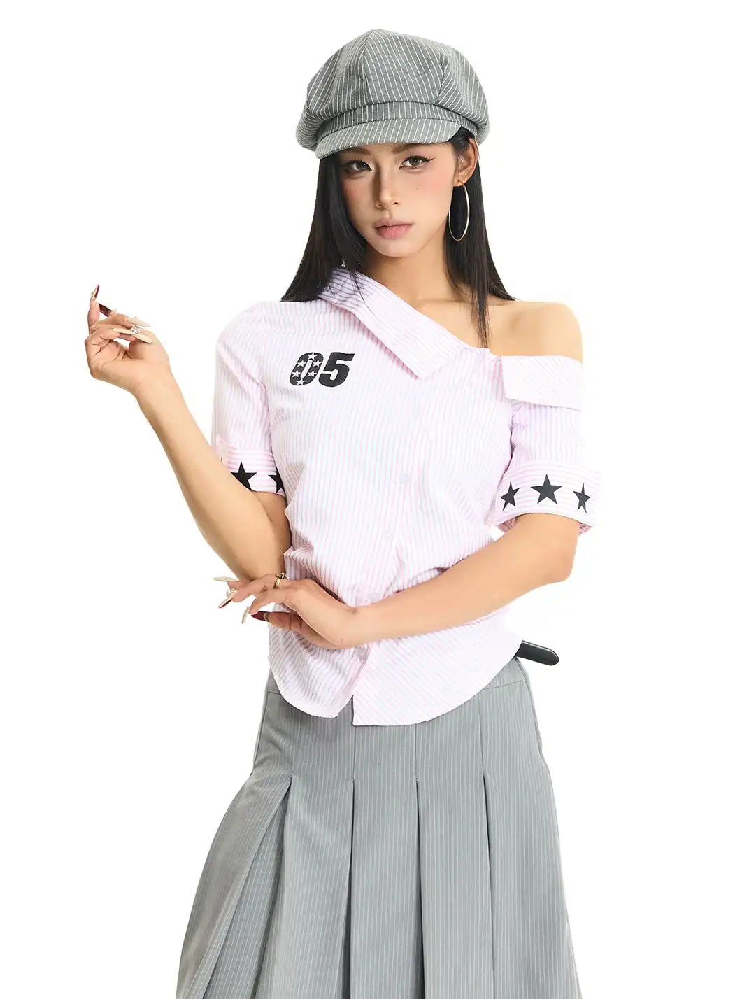 JHYWZD | Asymmetrical Neck Off-Shoulder Striped Short Sleeve Shirt
