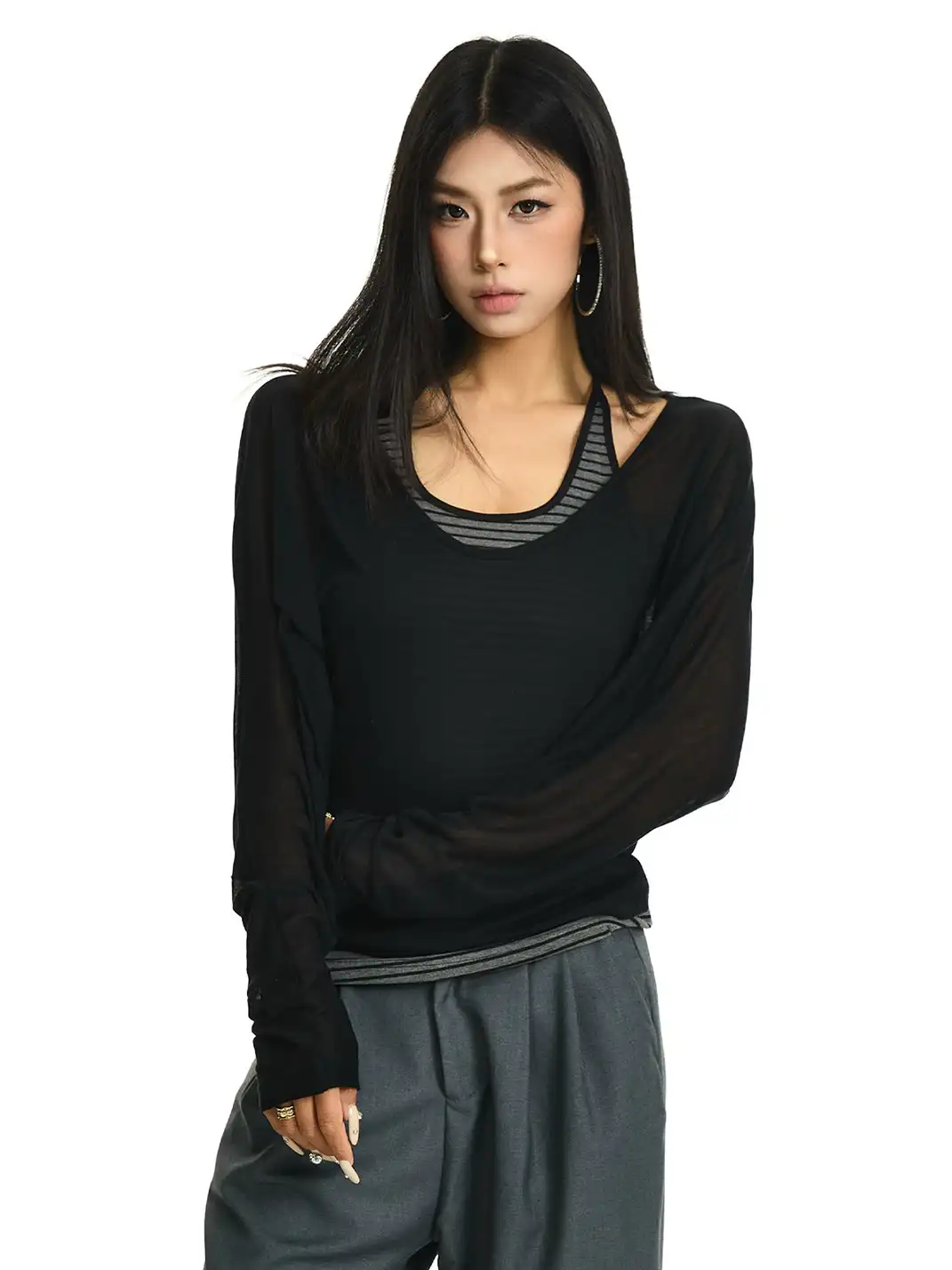 JHYWZD | Color Block Striped Long Sleeve Cover Up & Cami Top
