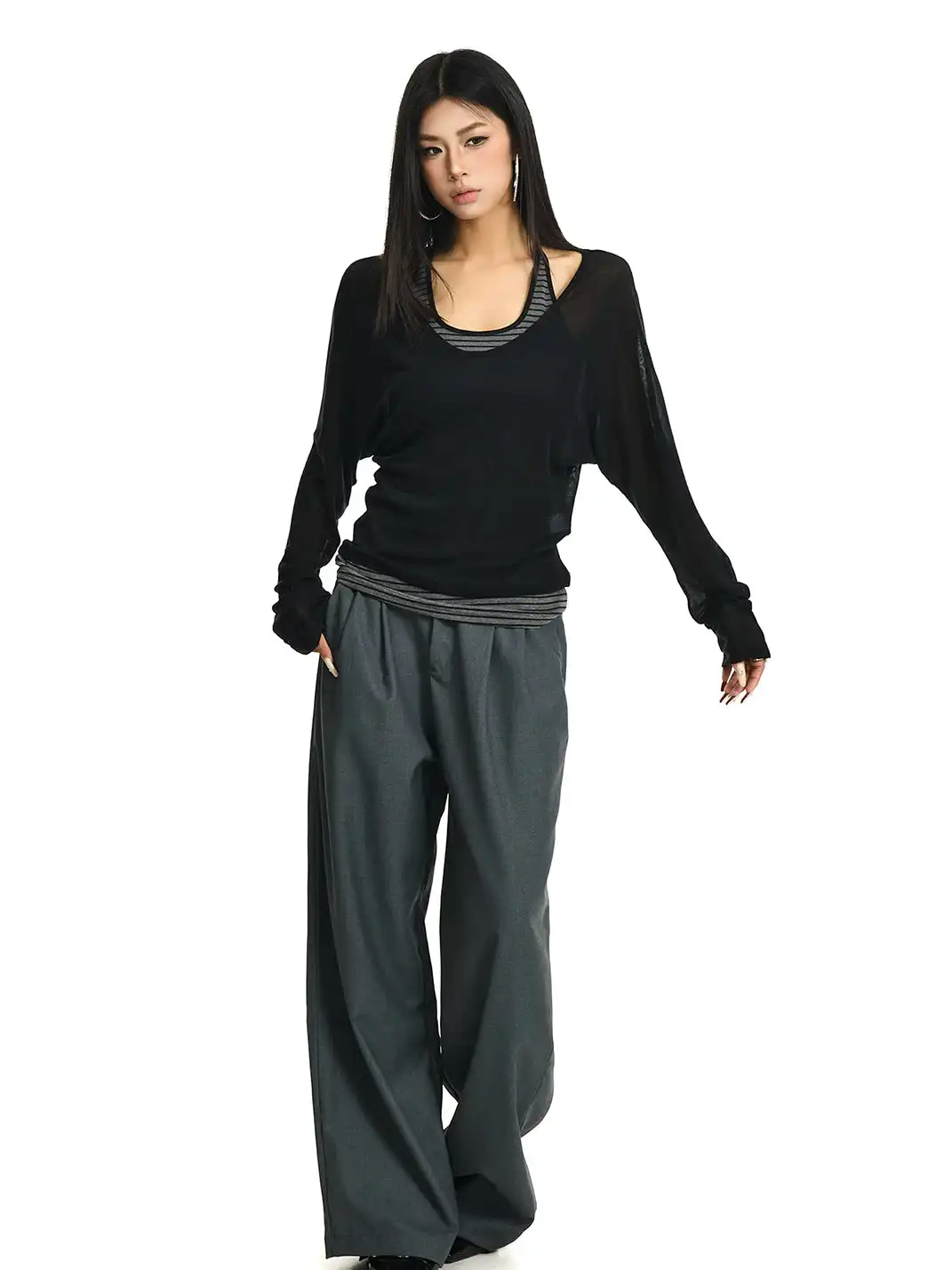JHYWZD | Color Block Striped Long Sleeve Cover Up & Cami Top