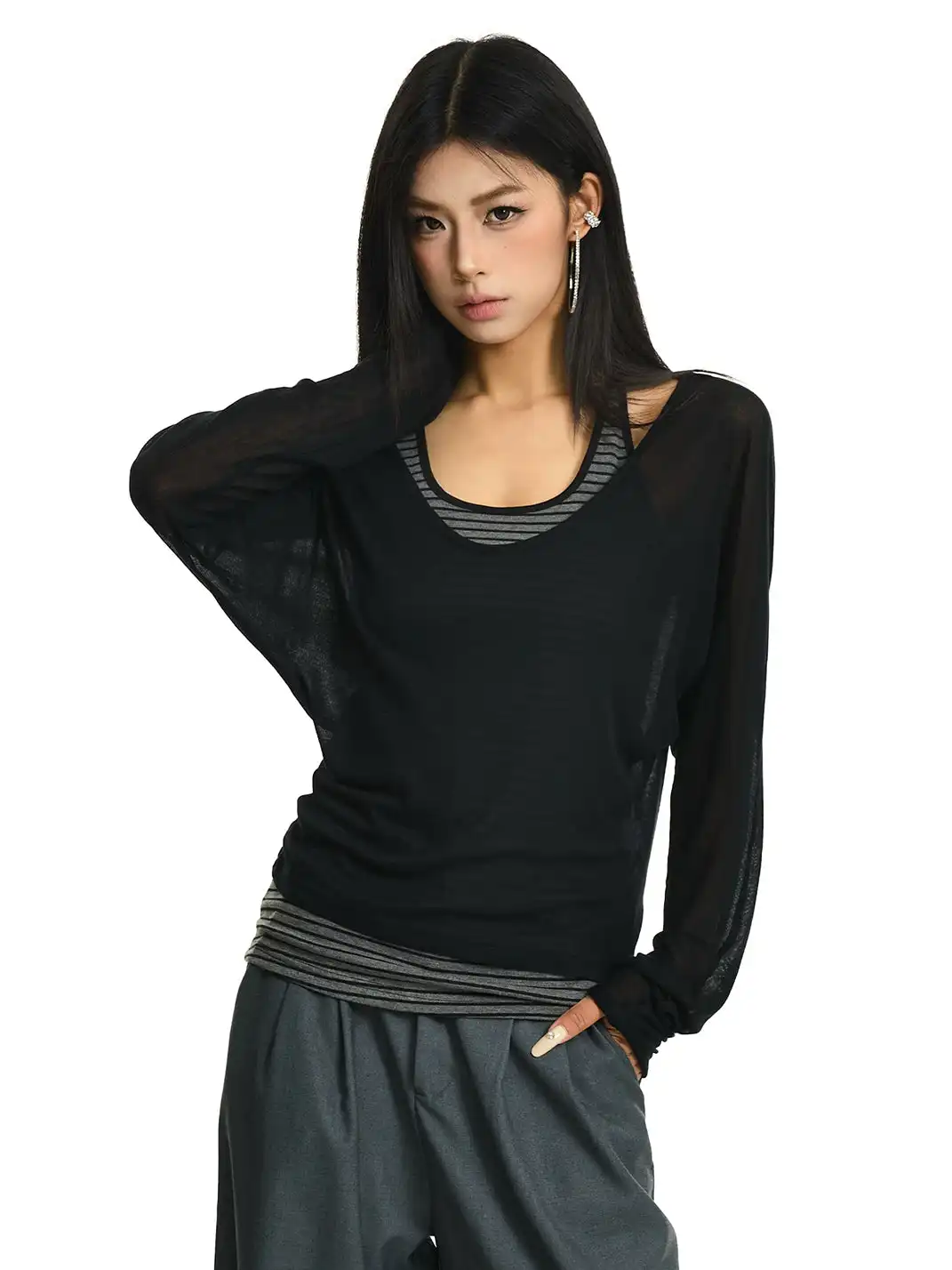 JHYWZD | Color Block Striped Long Sleeve Cover Up & Cami Top