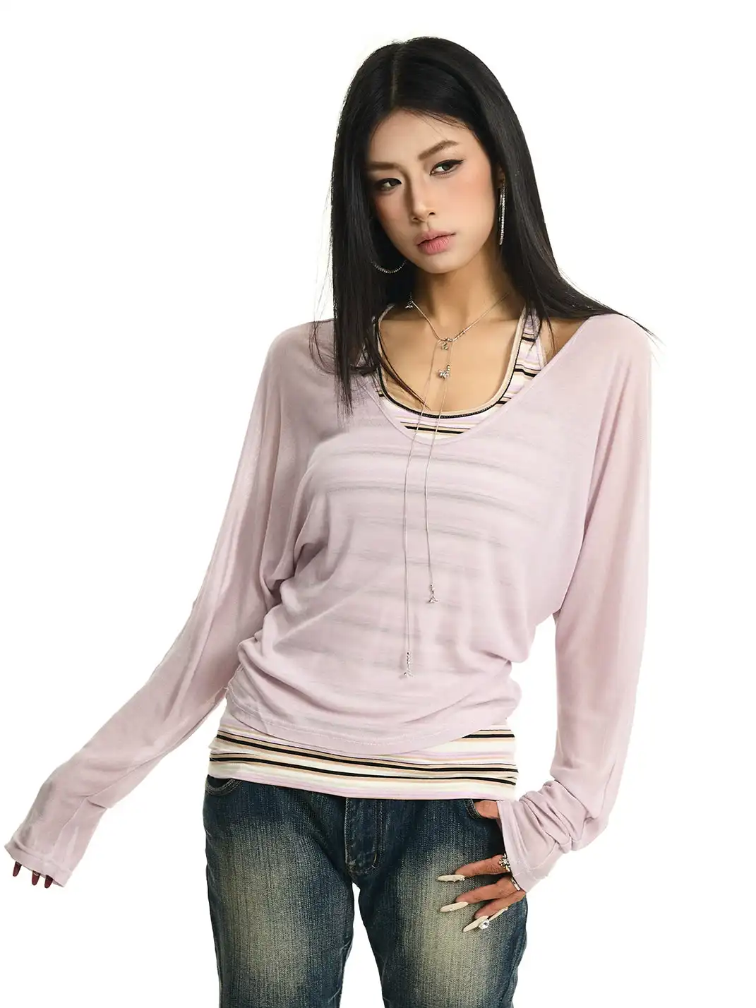 JHYWZD | Color Block Striped Long Sleeve Cover Up & Cami Top