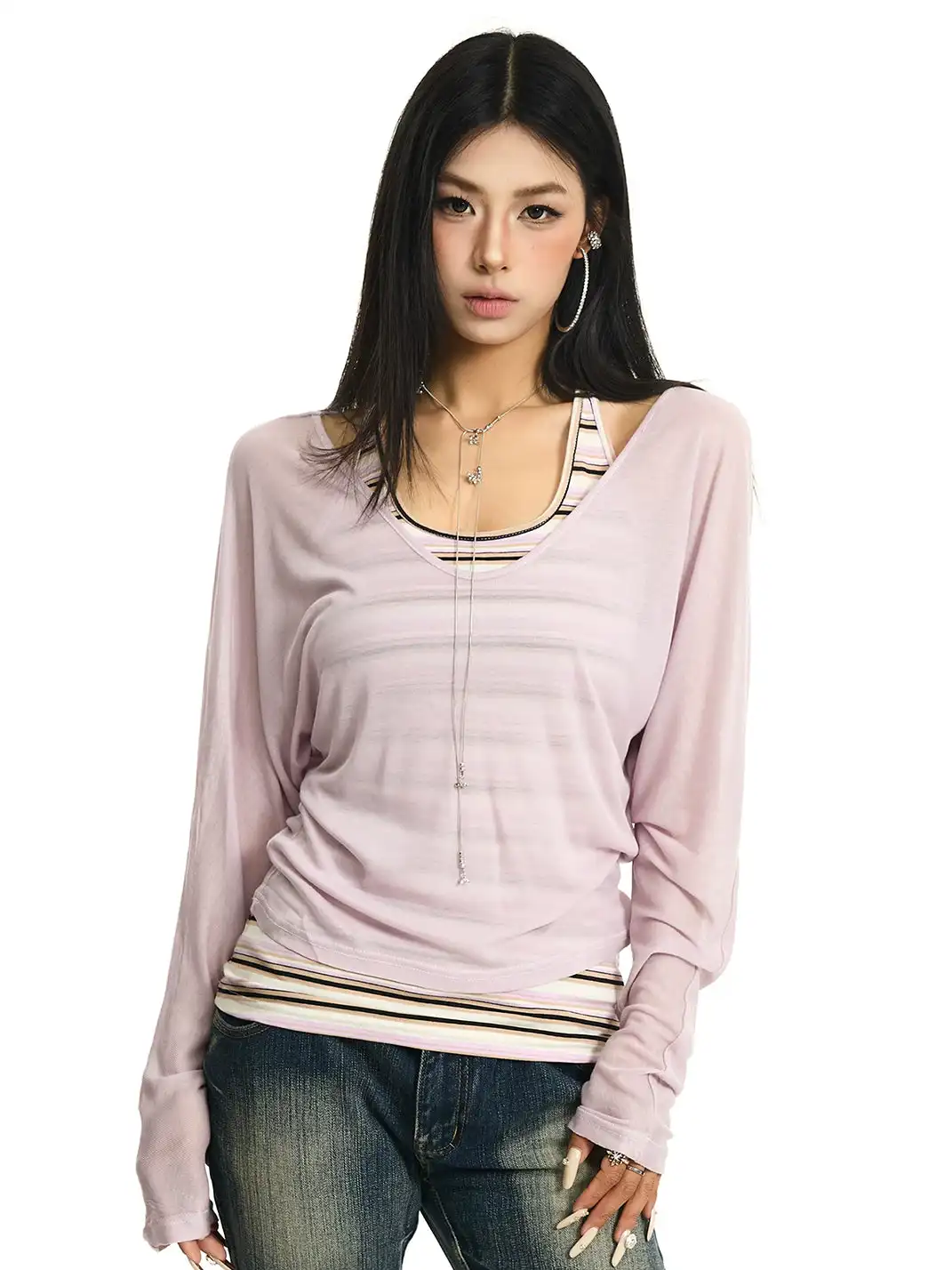 JHYWZD | Color Block Striped Long Sleeve Cover Up & Cami Top