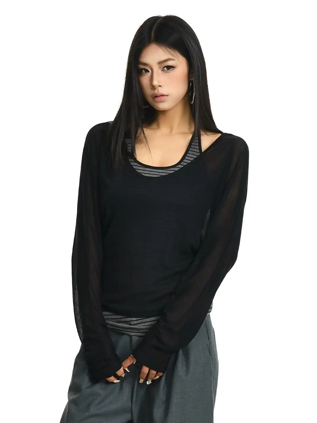 JHYWZD | Color Block Striped Long Sleeve Cover Up & Cami Top