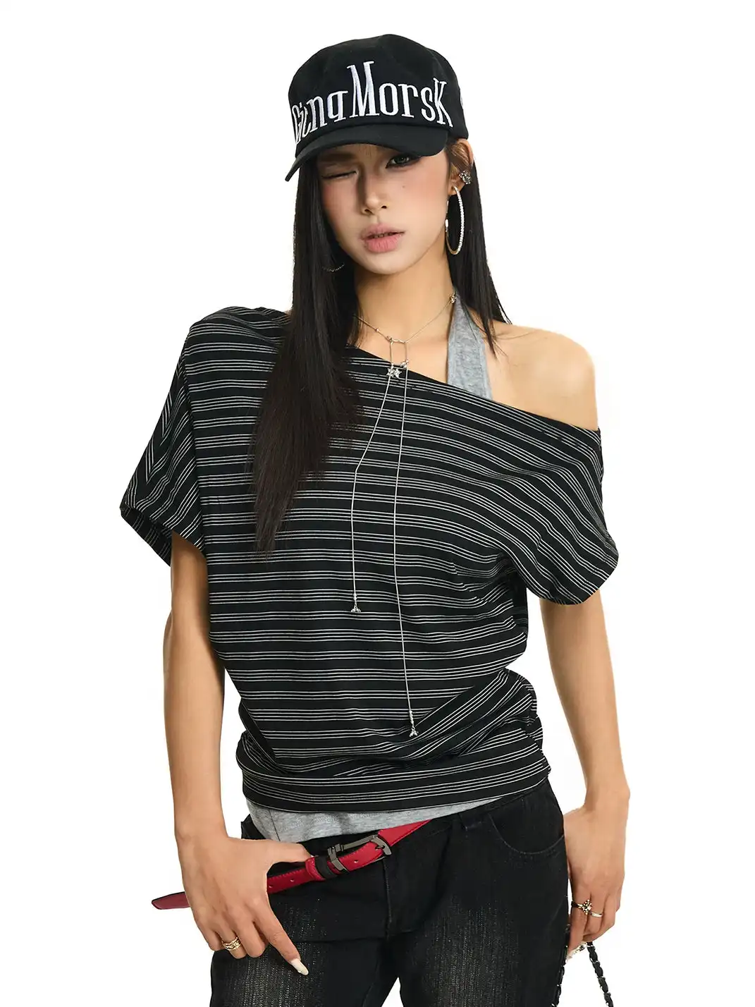 JHYWZD | Color Block Striped Halter T-Shirt
