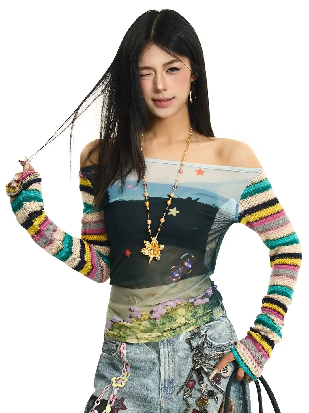 JHYWZD | Color Block Striped Off-Shoulder Long Sleeve T-Shirt