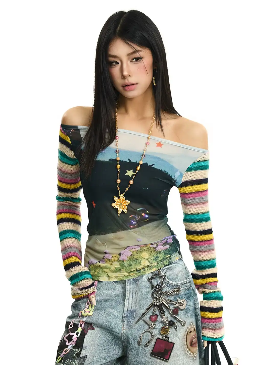 JHYWZD | Color Block Striped Off-Shoulder Long Sleeve T-Shirt