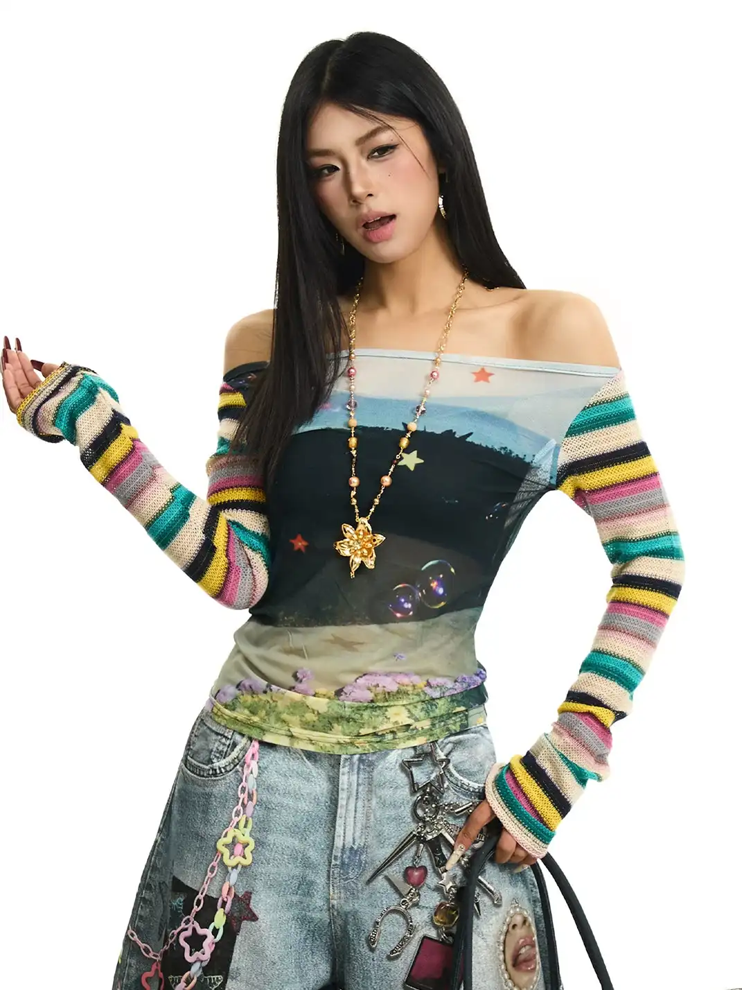 JHYWZD | Color Block Striped Off-Shoulder Long Sleeve T-Shirt