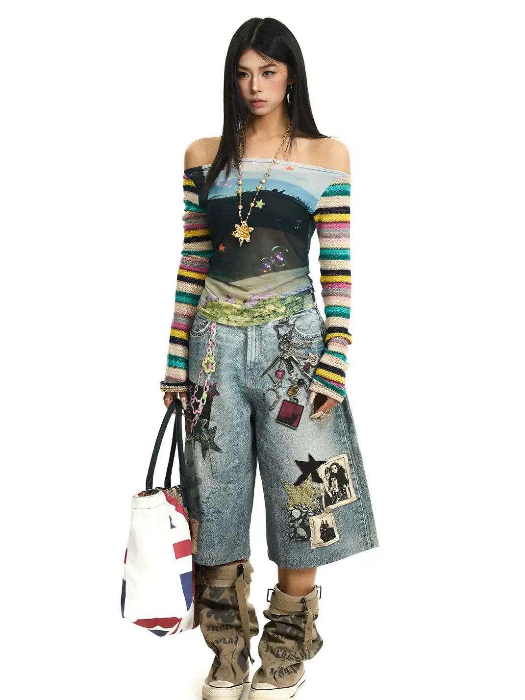 JHYWZD | Color Block Striped Off-Shoulder Long Sleeve T-Shirt