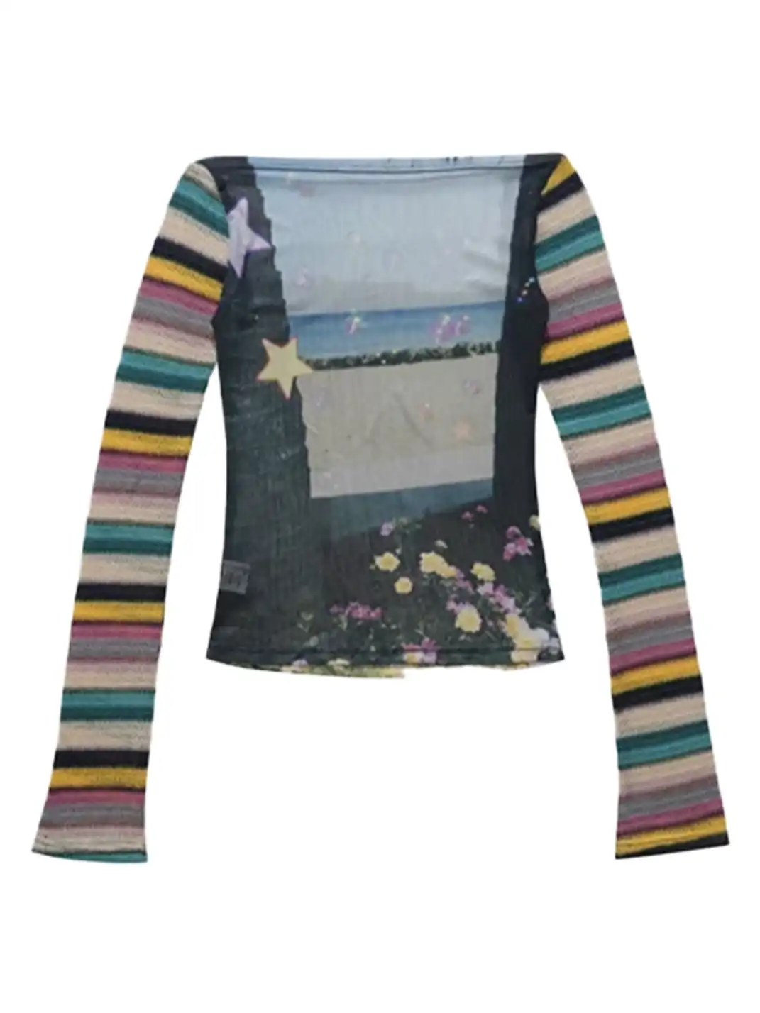 JHYWZD | Color Block Striped Off-Shoulder Long Sleeve T-Shirt