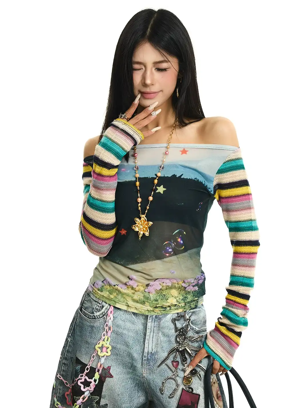 JHYWZD | Color Block Striped Off-Shoulder Long Sleeve T-Shirt